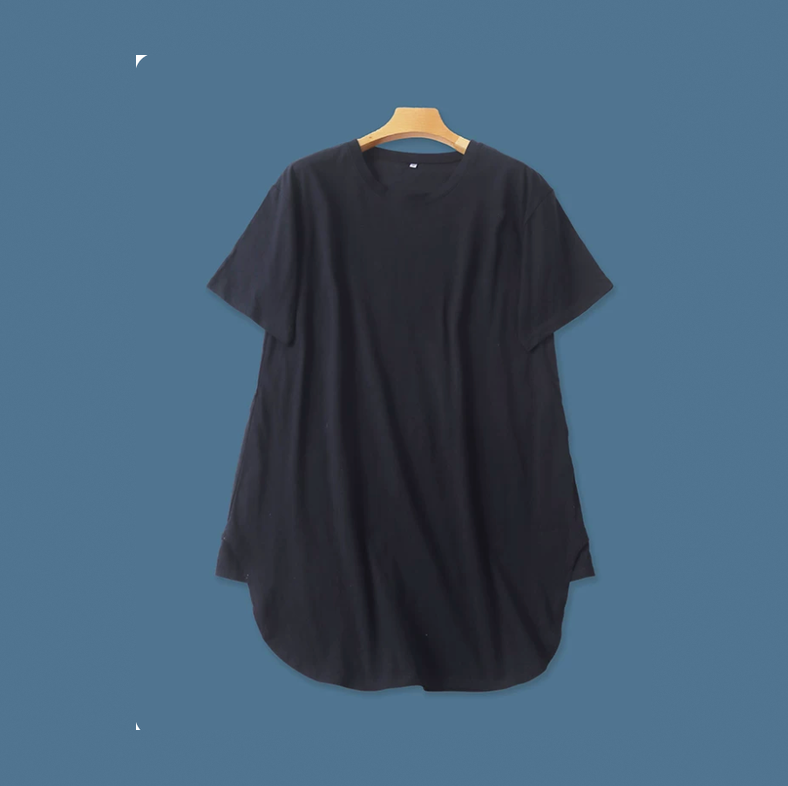 Black relaxed short-sleeve tunic top on a wooden hanger